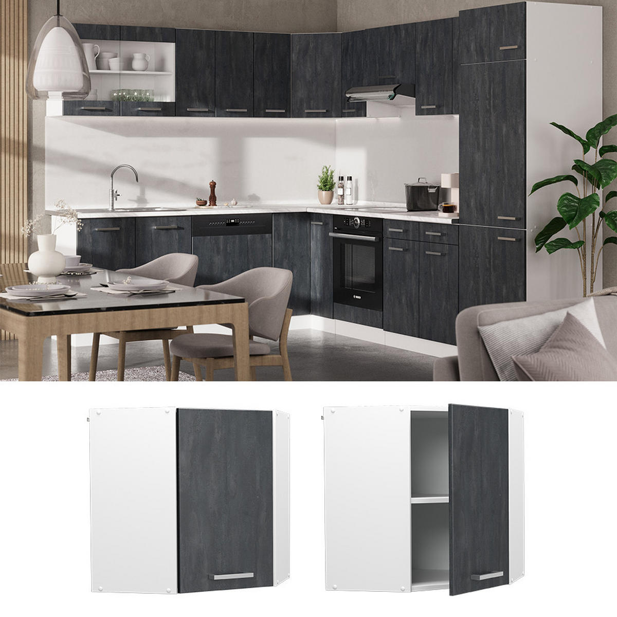 ECKHÄNGESCHRANK R-Line Schwarz Beton 57 cm - Schwarz/Weiß, Holzwerkstoff (57/60/34.1cm) - Vicco