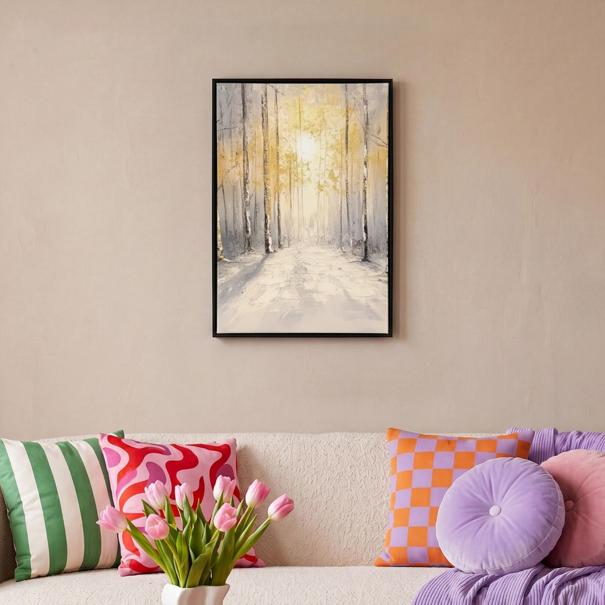 LEINWAND Bilder mit Rahmen - Winter - Abstrakt - Schnee - Natur - Sonne - 40x60 - Grau, Textil (40/60cm) - MuchoWow