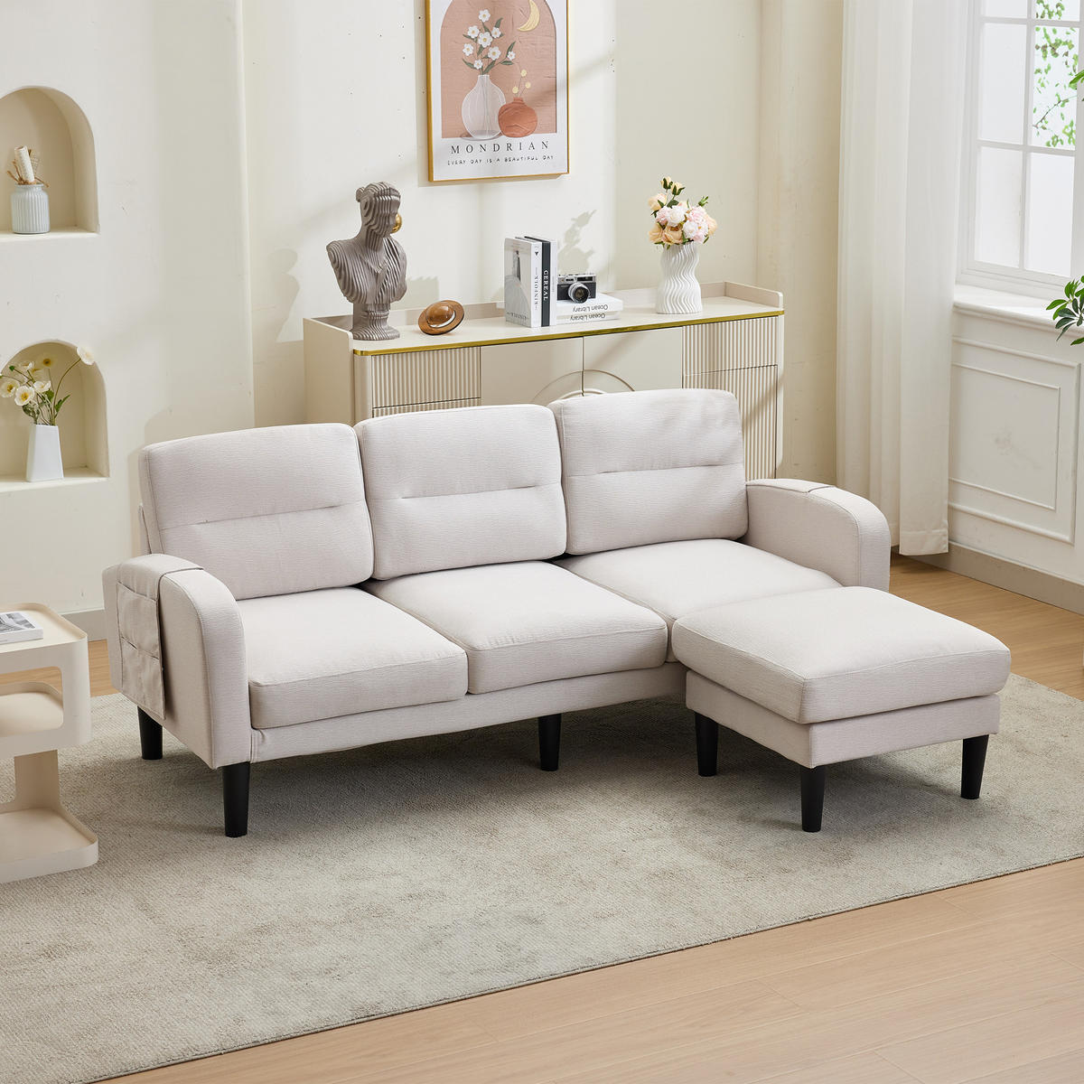 ECKSOFA L Form 3-Sitzer Chaiselongue Stauraum Tasche Beige 204cm - Beige, Textil (204/136cm) - FLIEKS