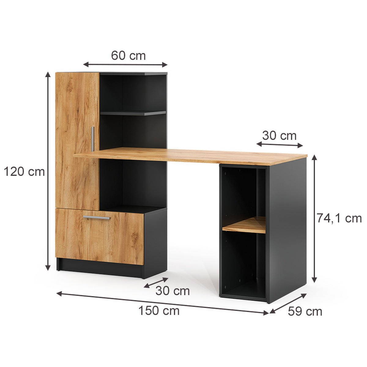 SCHREIBTISCH Tomy, Anthrazit/Goldkraft Eiche, 150 x 59 cm 2er Set - Honigeiche/Anthrazit, Holzwerkstoff (59/150/120cm) - Vicco