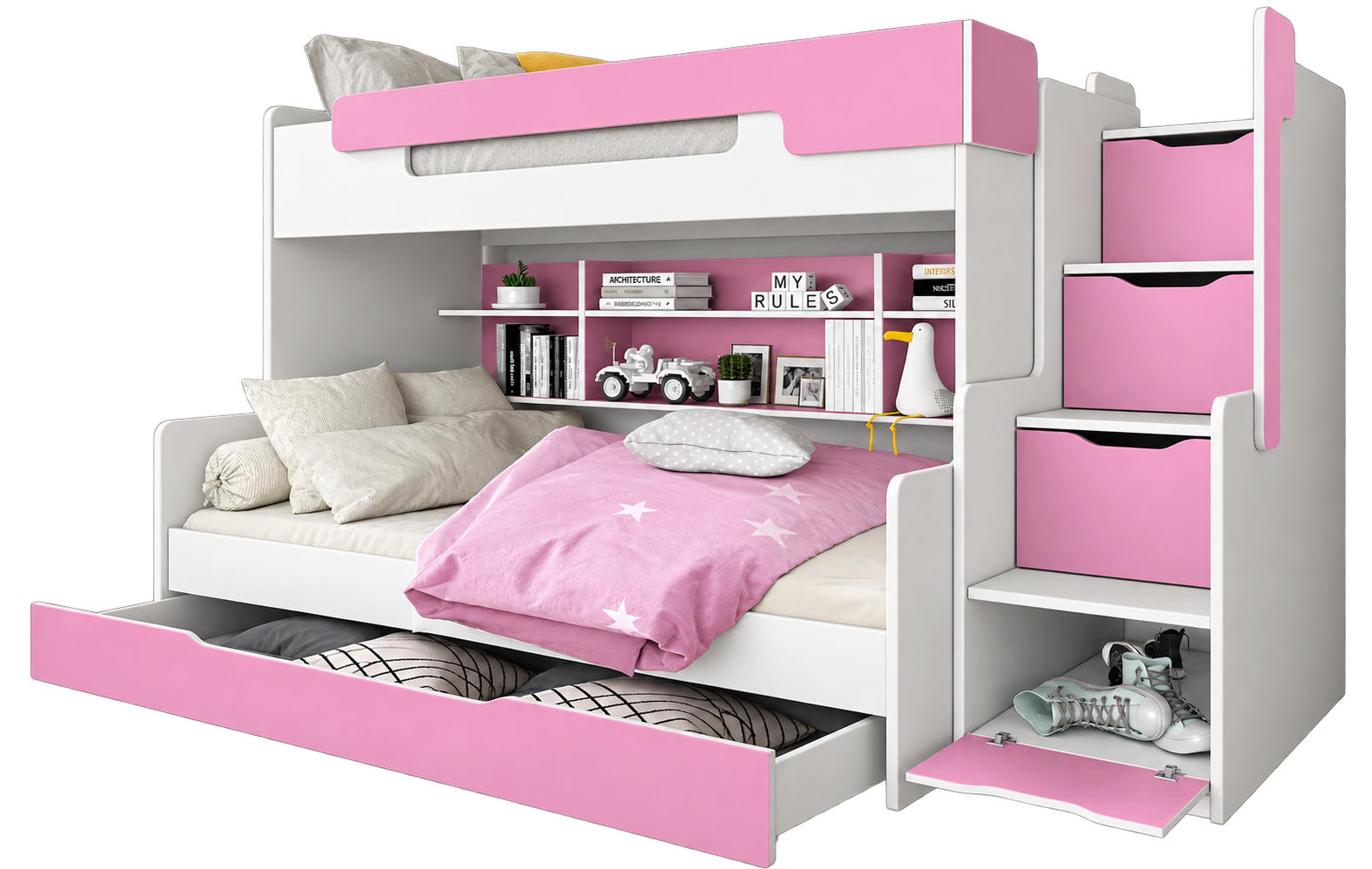 ETAGENBETT HARRY 260x129 cm – Stockbett für 2 Personen mit Treppe, Stauraum und 2 Matratzen - Rosa, Holz (120/200cm) - Wohnideebilder