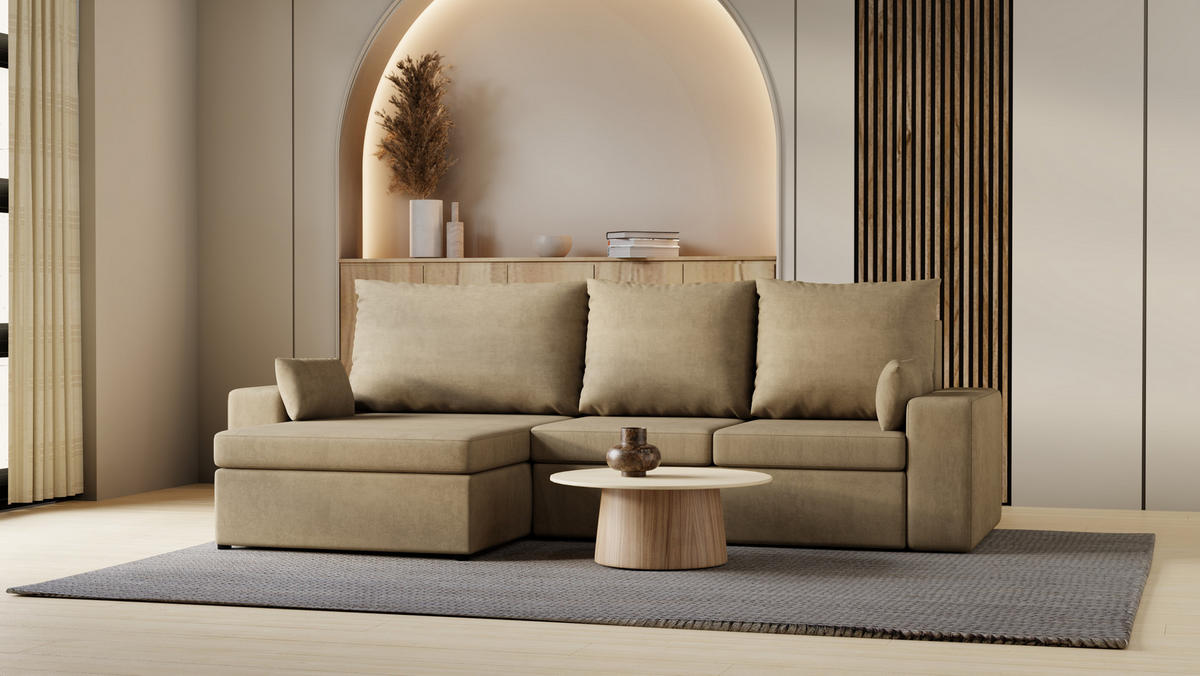 ECKSOFA Paco mit Bettkasten und Schlaffunktion, L-Form/XL-Form, Velourstoff, Universal - Cappuccino, Holzwerkstoff (276/145cm) - 4ALL HOME