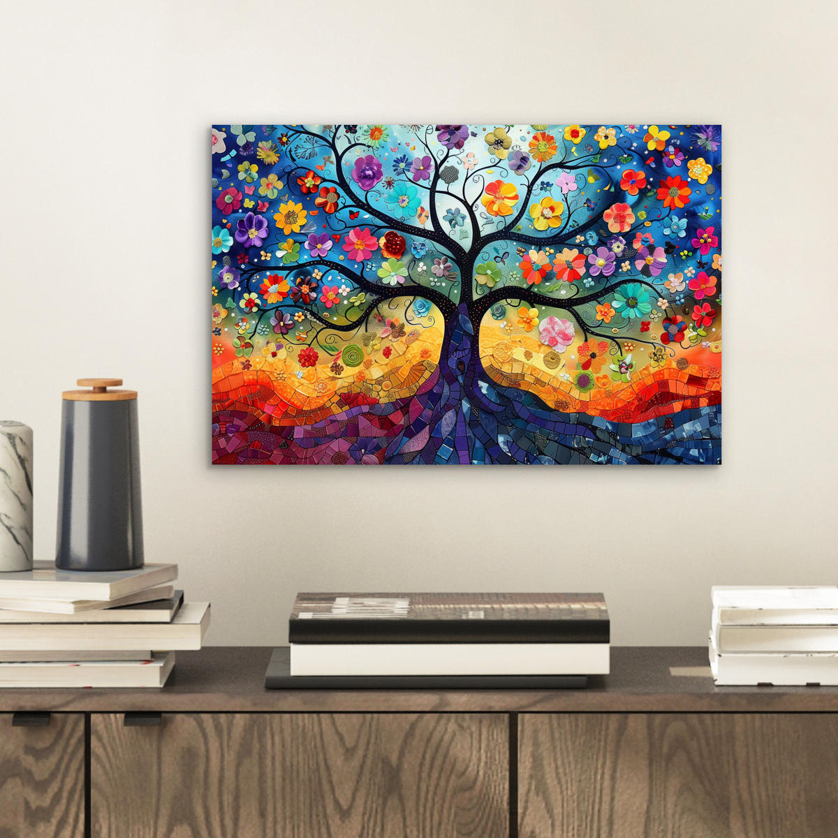 KOVOVÝ OBRAZ Umenie - Strom života - Kvety - Hippie 30x20 cm - tmavomodrá, kov (30/20cm) - MuchoWow
