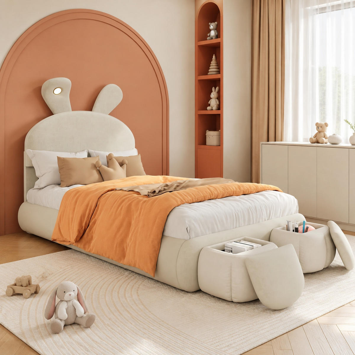 POLSTERBETT 90/200 mit LED, Aufbewahrungshockern und höhenverstellbarem Kopfteil in Beige - Beige, Holzwerkstoff/Textil (90/200cm) - EVRYAE