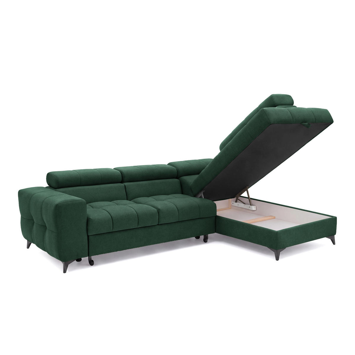 ECKSOFA PUDDING S Rechts mit Schlaffunktion 125x195 Velours Grün - Schwarz/Grün, Holz/Textil (275/177cm) - Muffo