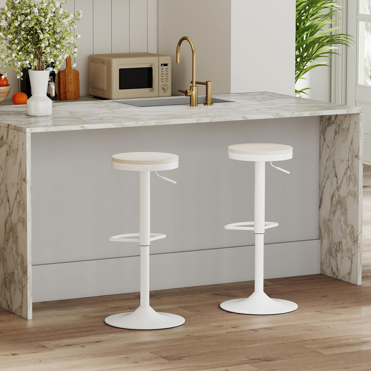 BARHOCKER 2er-Set DE-14768 höhenverstellbar & schwenkbar mit Gummibaumholz Weiß - Weiß, Metall (38.5/80/38.5cm) - ComfortXL