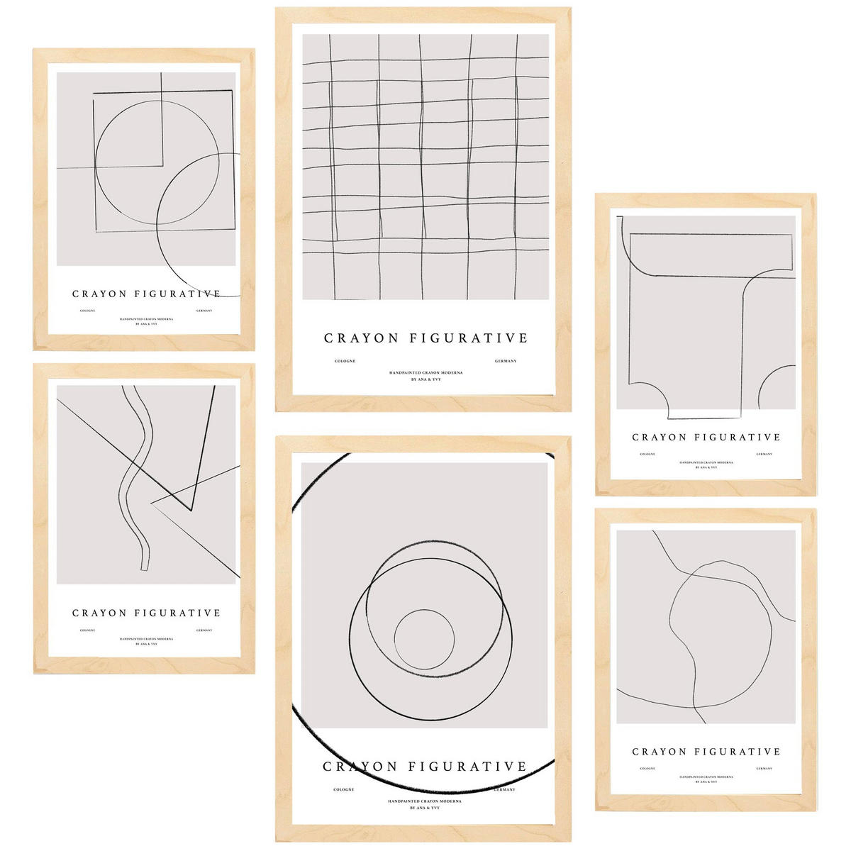 POSTER Set Mit 6 Figurative Kunst In Einer Linie In Braun & Schwarz A3 & A4 Rahmen Aus Hellem Holz - Beige, Papier (29/3cm) - Nacnic