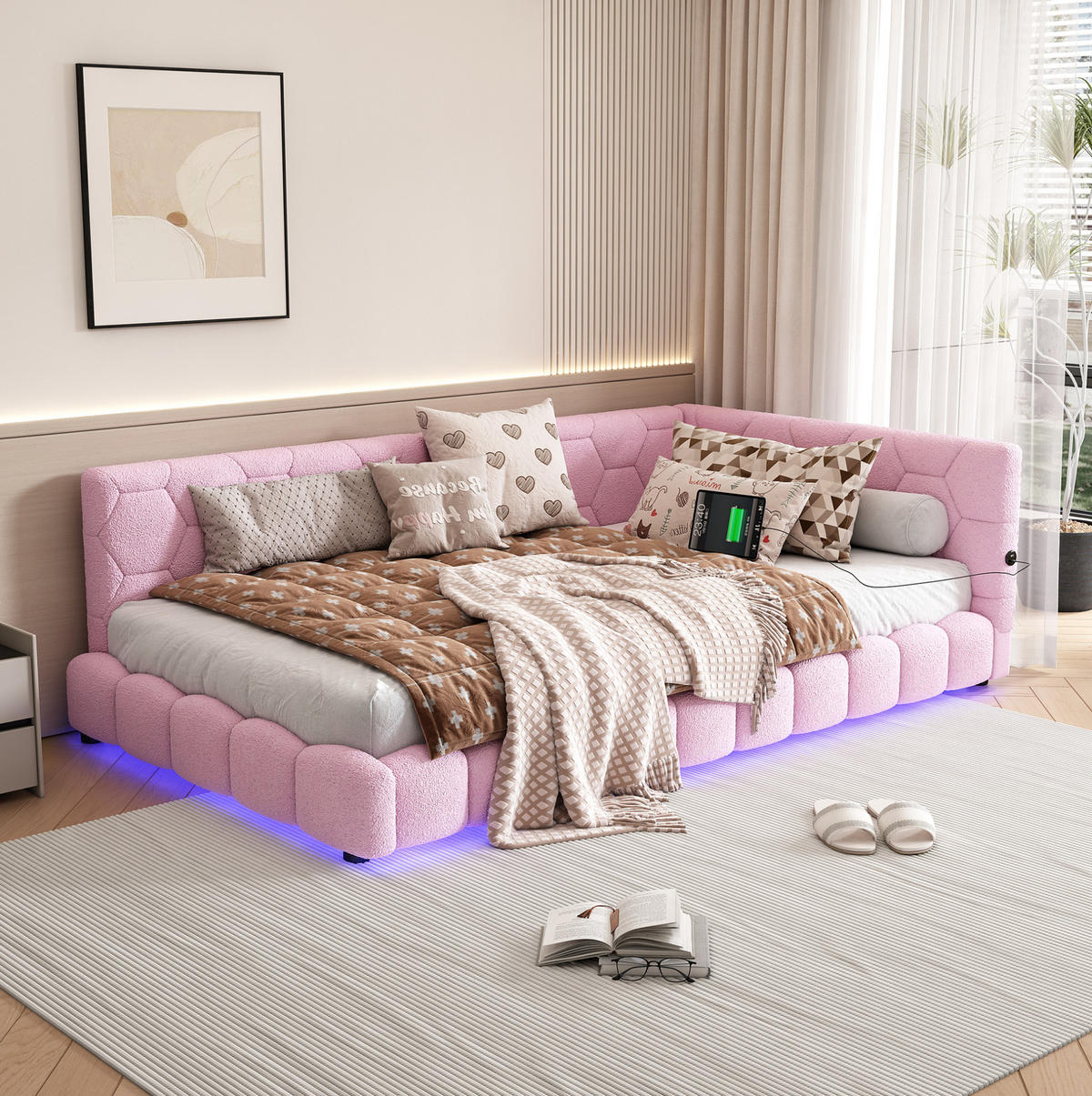 DĚTSKÁ postel 90/200 cm růžová z MDF a sametu s LED osvětlením, USB a USB-C - růžová, textil (90/200cm) - OKWISH