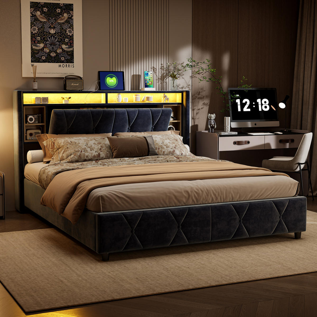 POLSTERBETT 140x200 cm Samt Grau mit Stauraum Kopfteil - Grün, Holz (140/200cm) - PARAFTA HOME