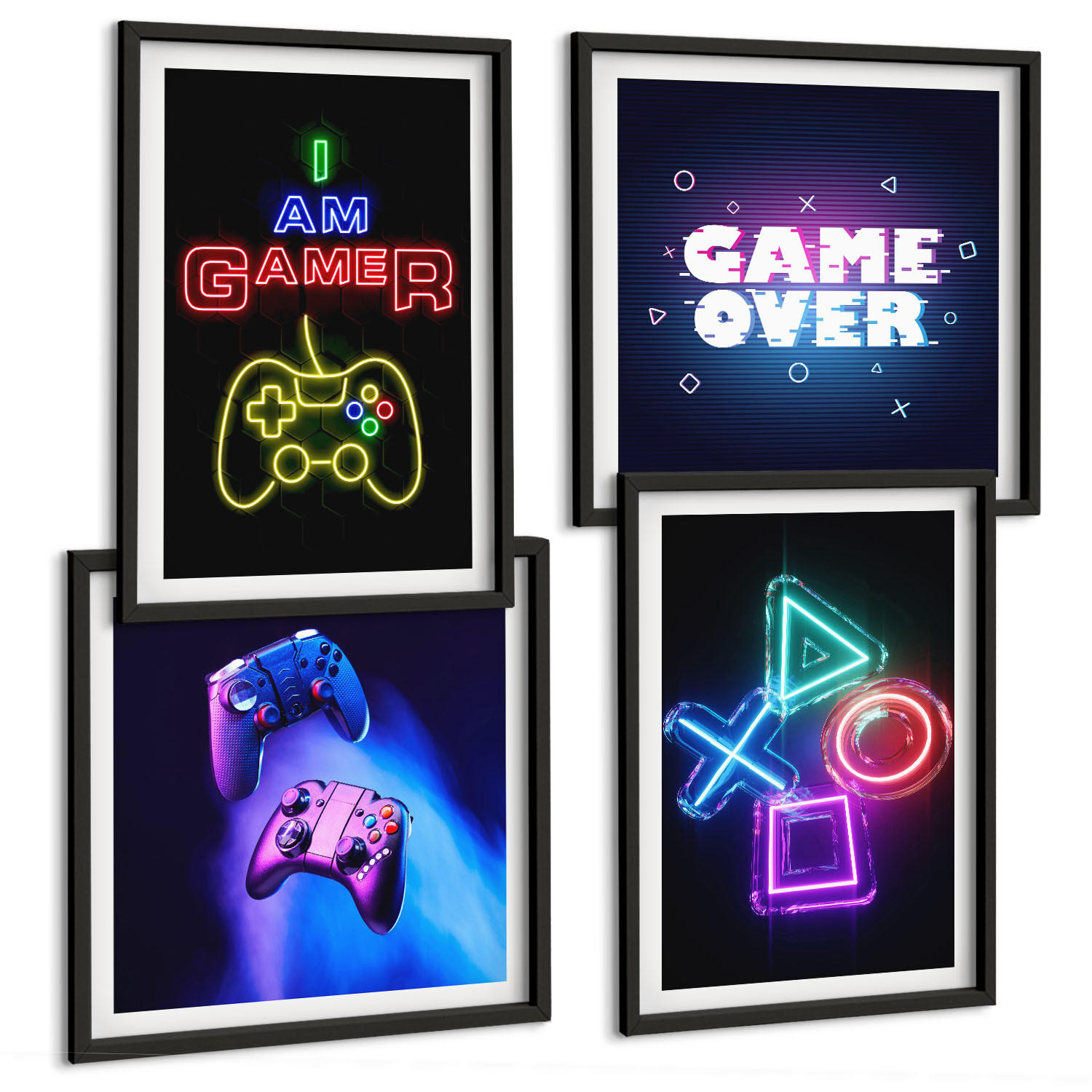 BILDER SET 4er Set - 50x50 cm & 40x60 cm Schwarzer Rahmen - Gamepads, Spielersymbol-Untertitel - Schwarz, Kunststoff (50/50cm) - TULUP