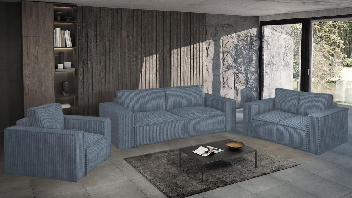 SOFASET Vajana 3-2-1 - Blau, Holzwerkstoff/Textil (240/86/102cm) - Fun Möbel