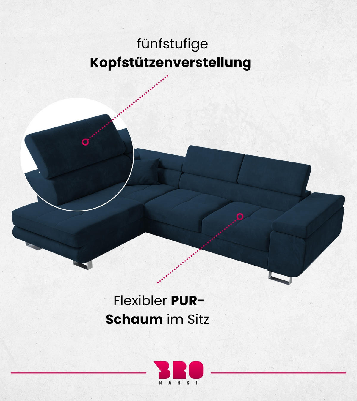ECKSOFA Anton mit Schlaffunktion Dunkelblau Samt - Blau/Silberfarben, Textil/Metall (142/275cm) - Bromarkt
