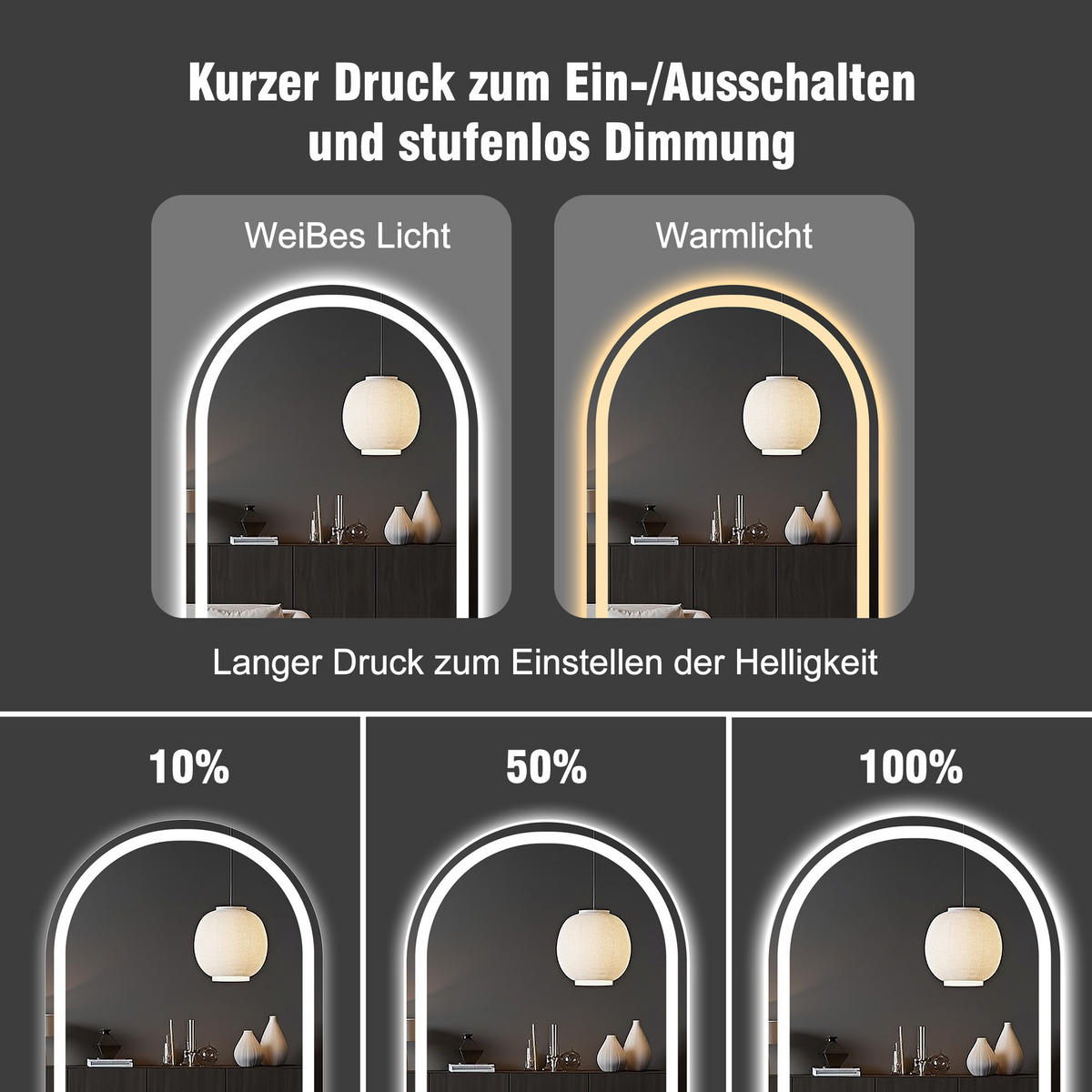 STANDSPIEGEL 165x50 cm mit LED – Ganzkörperspiegel bogenförmig, dimmbar, 3 Lichtfarben, für Schlafzimmer & Ankleidezimmer - Silberfarben, Glas (50/3/165cm) - Ej. Life