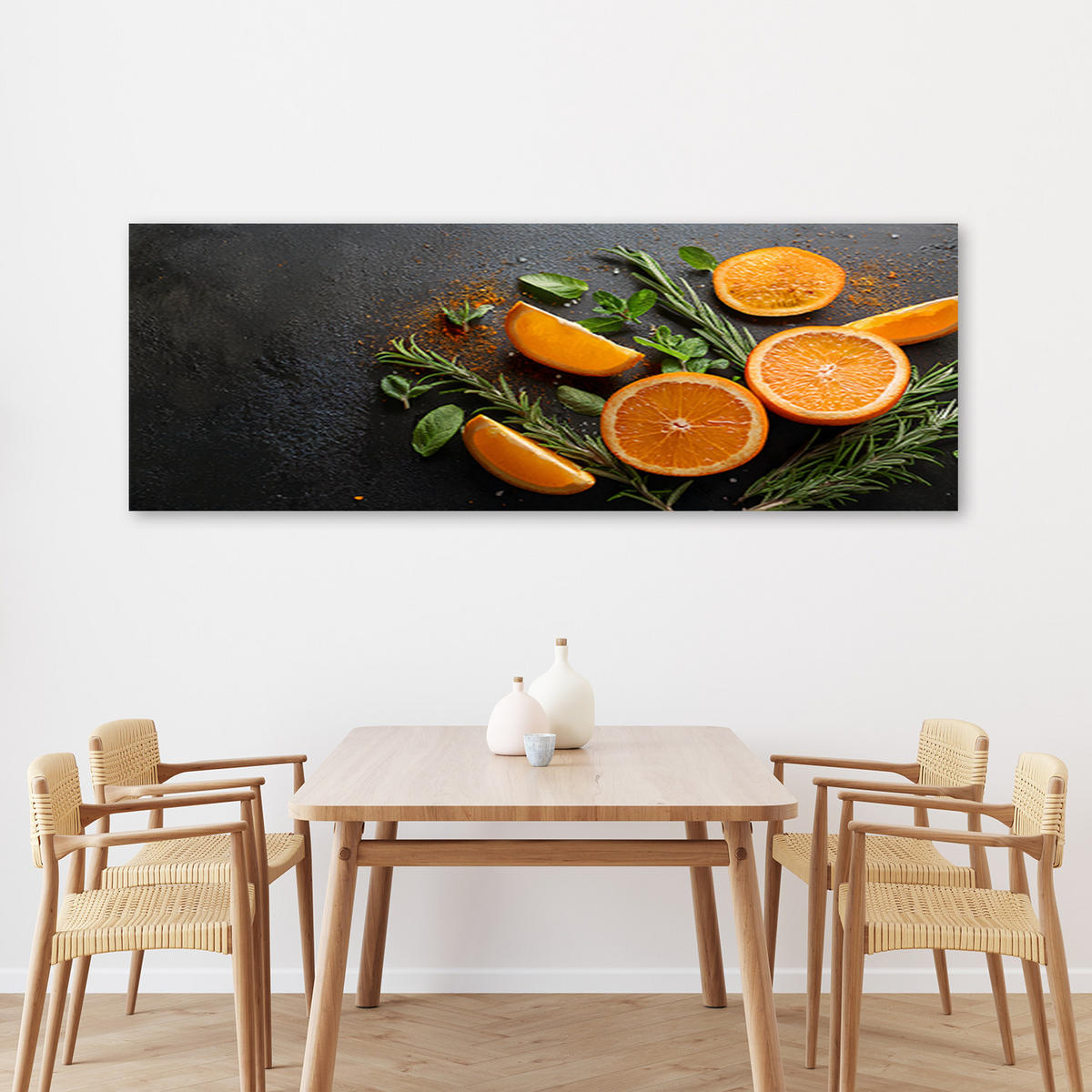 WANDBILD orangen früchte gewürze lebensmittel für die küche - Orange, Textil (90/30cm) - Feeby