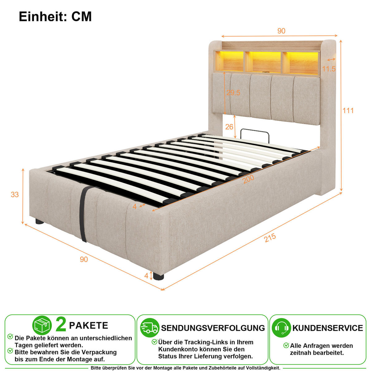 POLSTERBETT 90/200 cm in Beige mit Stauraum, LED, USB und Type-C Leinen - Beige, Holzwerkstoff/Textil (90/200cm) - CHICFURN