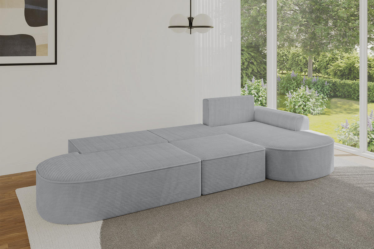 ECKSOFA mit Schlaffunktion Ottomane RECHTS MARI L2-S 368X167X85 Grau Cord - Alufarben/Schwarz, Holzwerkstoff/Kunststoff (167/368cm) - ALTDECOR