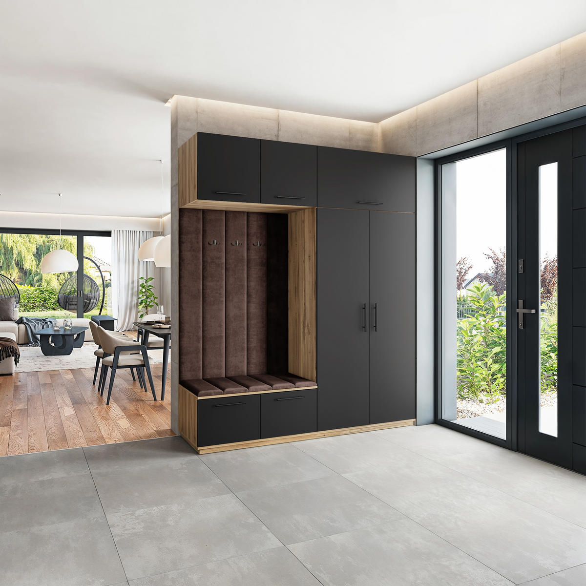 GARDEROBENSCHRANK REMA 200/240/60 cm Modern Garderobe-Set Eiche Wotan - Eiche Wotan/Schwarz, Holzwerkstoff (200/240/60cm) - MASSENO