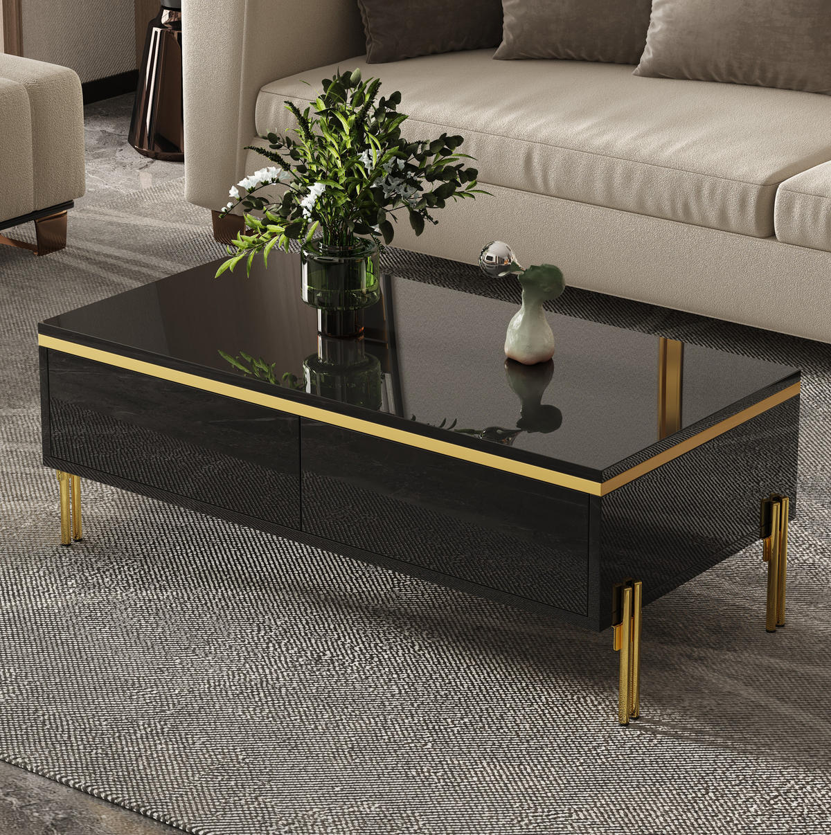 COUCHTISCH mit 2 Schubladen 100 x 50 cm Schwarz Hochglanz - Schwarz, Holzwerkstoff (100/50/36cm) - Meubliv