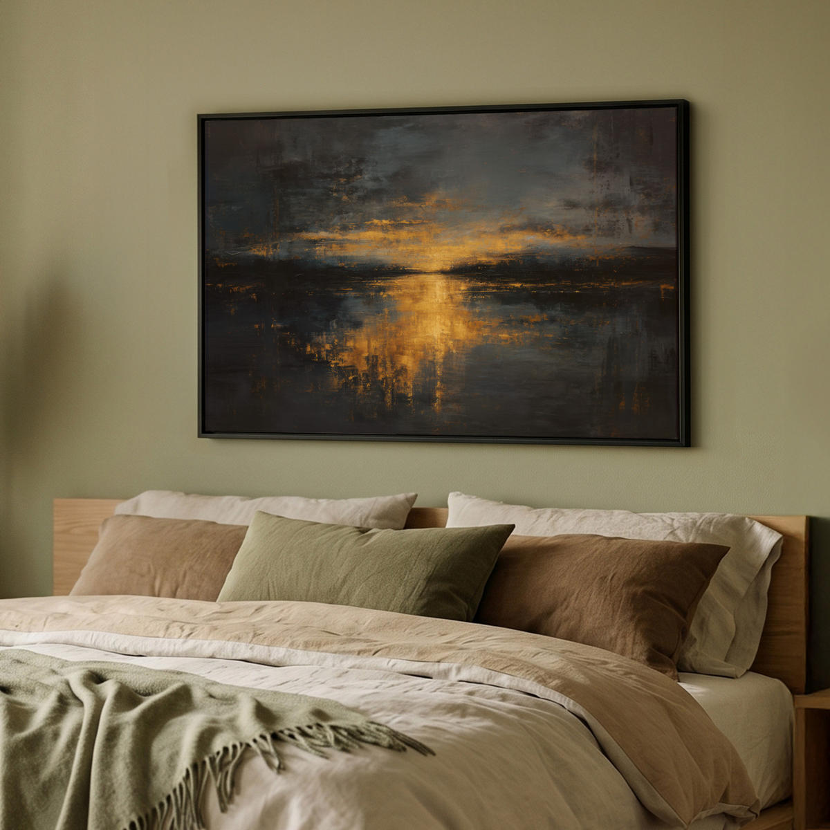 LEINWAND Bilder mit Rahmen - Goldene Reflexion auf dem Wasser - 90x60 - Anthrazit, Textil (90/60cm) - MuchoWow