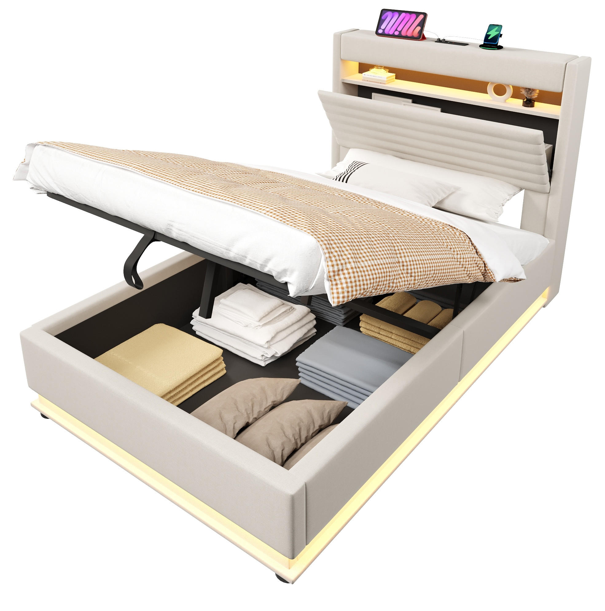 POLSTERBETT 90/200 cm aus Leinen mit LED und USB Typ-C-Ladefunktion Beige - Beige, Textil (90/200cm) - Modenvie