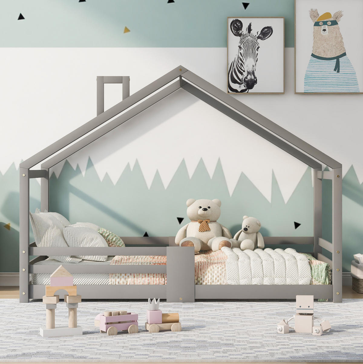 HAUSBETT 90/200 cm in Grau – mit Rausfallschutz und Lattenrost - Grau, Holz (90/200cm) - BEAOK