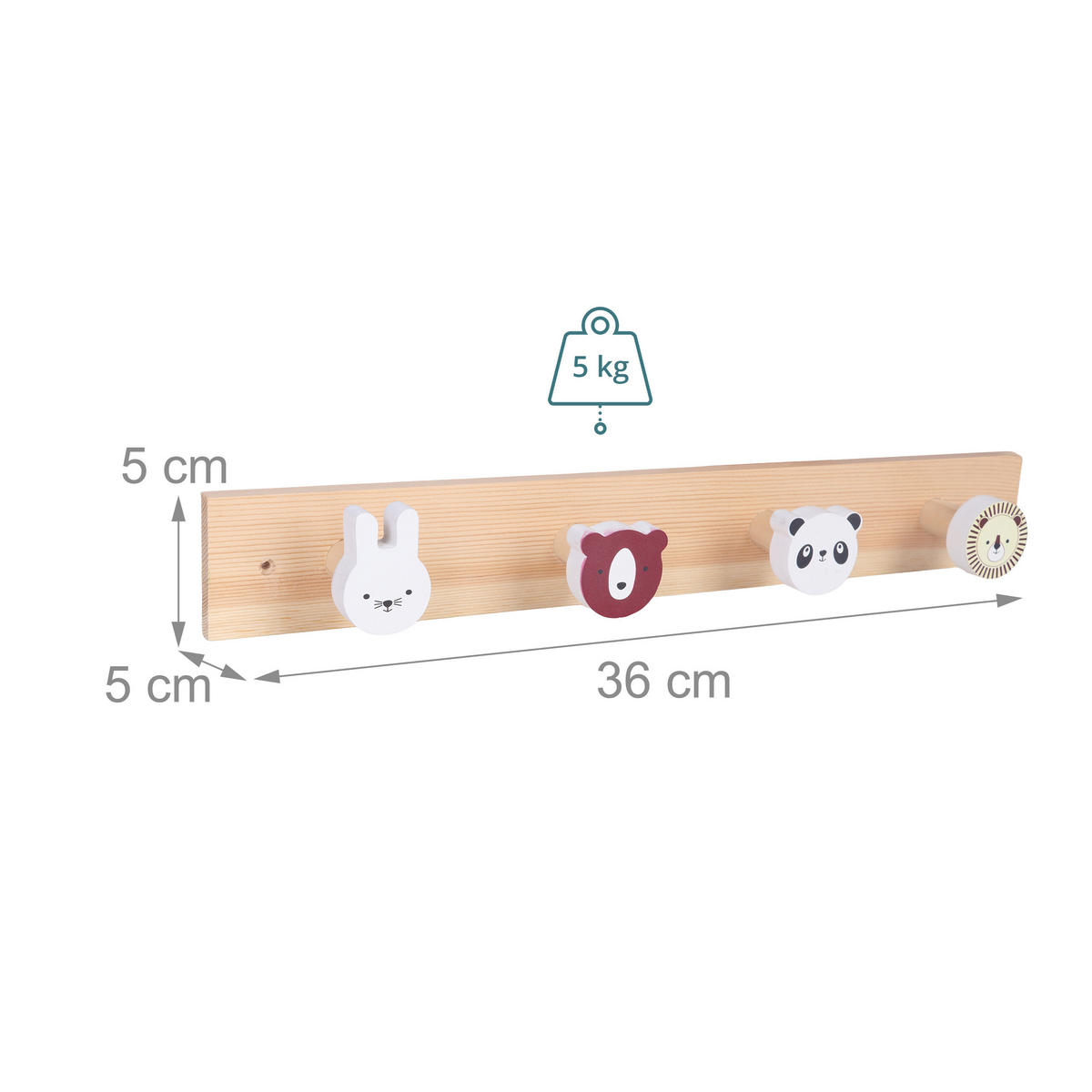 VEŠIAK Viacfarebný zvieratká 4 háčiky drevo - viacfarebná, drevo/kompozitné drevo (36/5/5cm) - Relaxdays