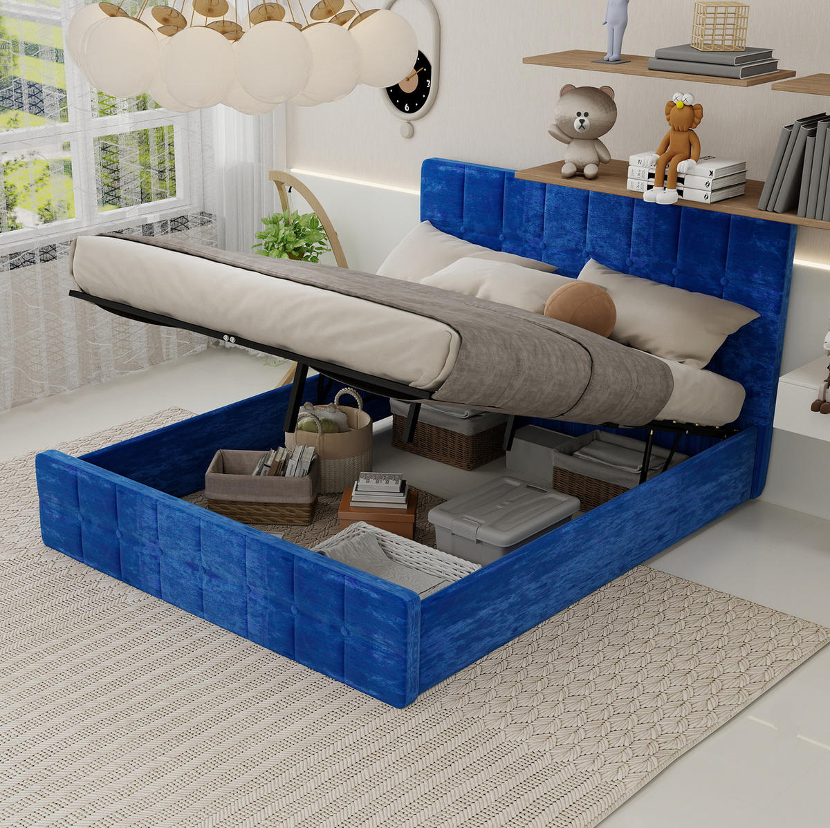 POLSTERBETT 160/200 cm blau aus Flannelette mit gepolstertem Kopfteil - Blau, Textil (160/200cm) - OKWISH