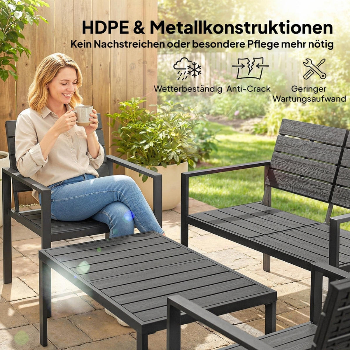 GARTENMÖBEL,2ER Sofa+2 Sessel+Beistelltisch,schwarz - Schwarz, Metall - Vallsero