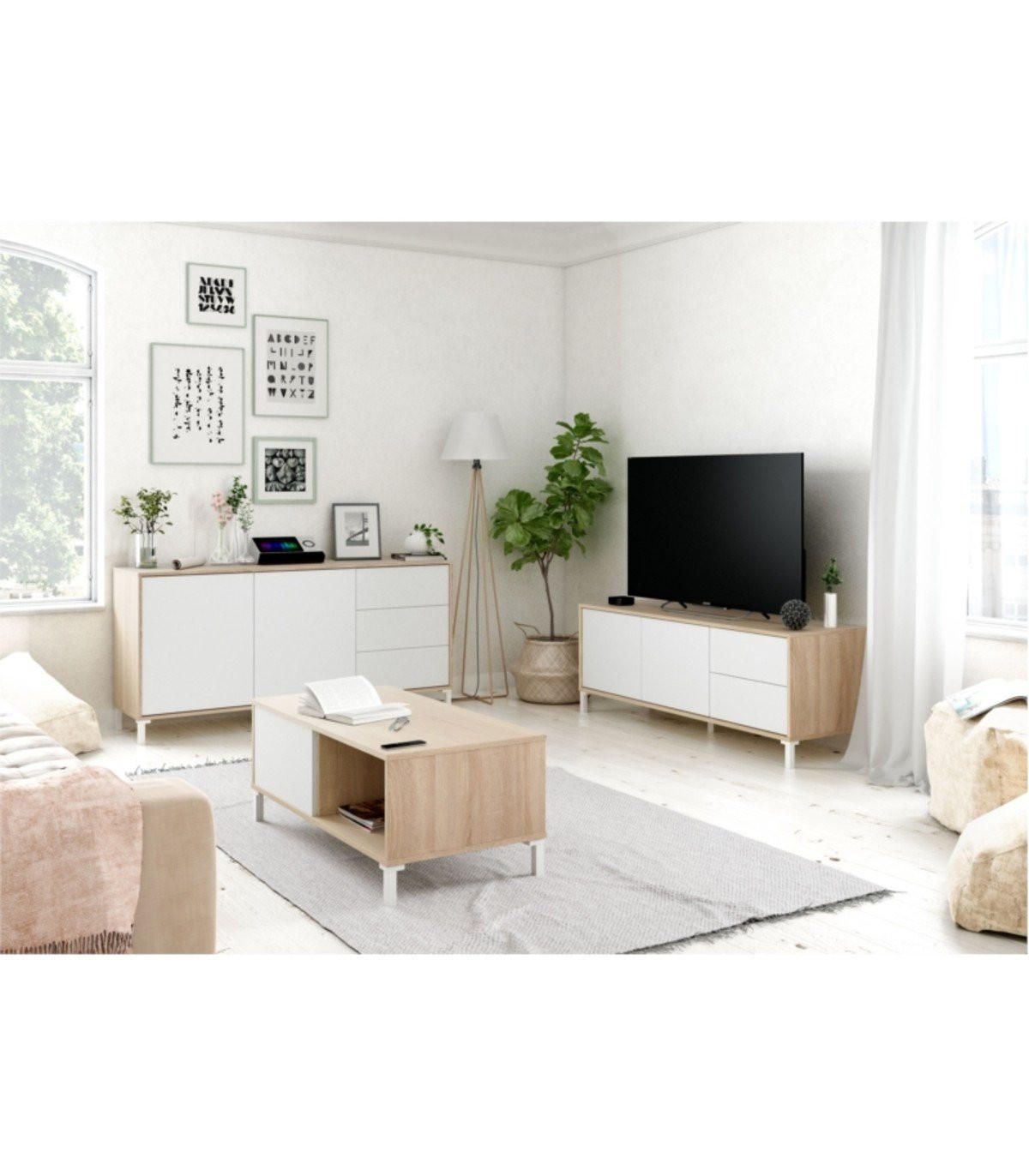 TV-MÖBEL mit 2 Türen und 2 Schubladen Brooklyn - L130 cm - Weiß, Holzwerkstoff (41/47/130cm) - Calicosy