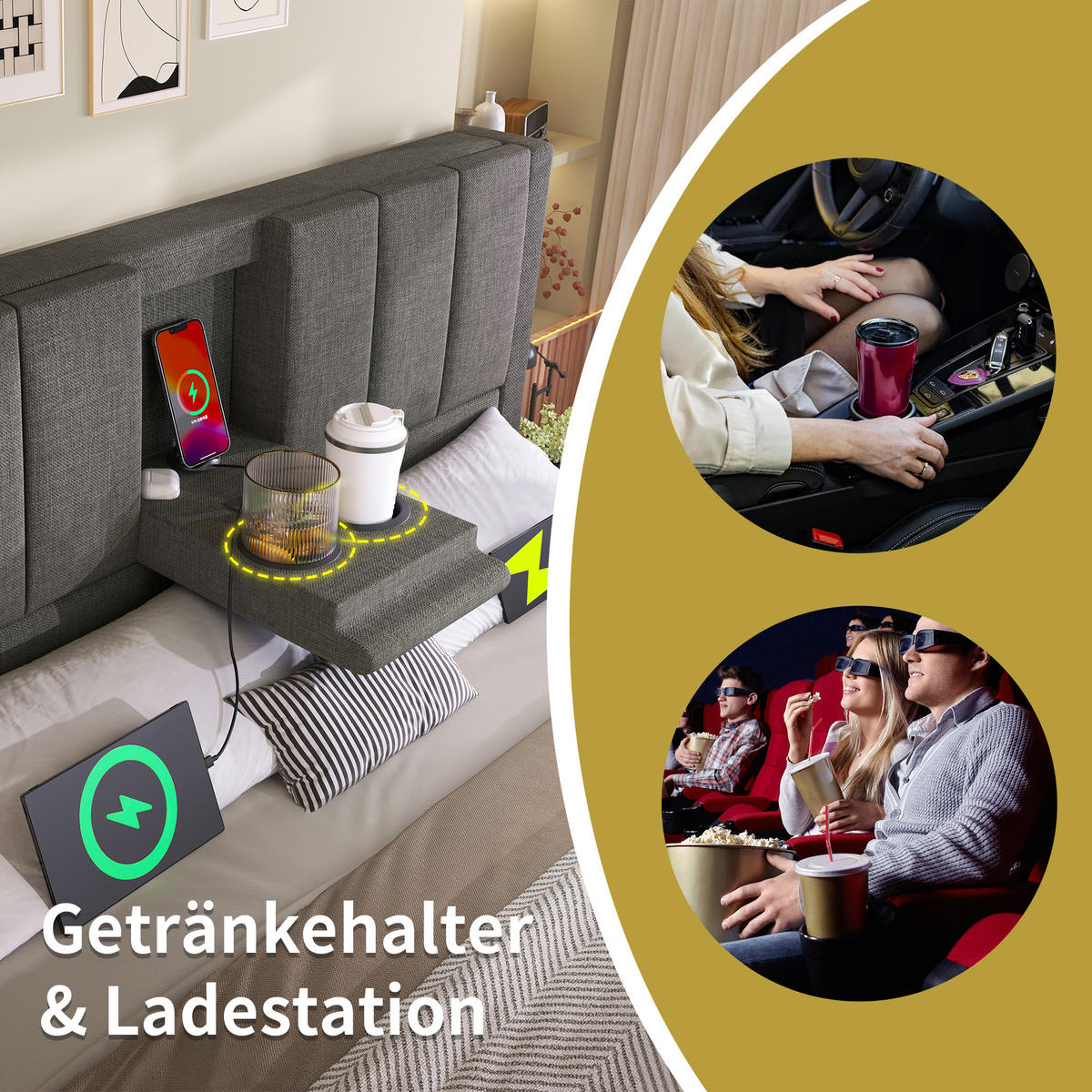 POLSTERBETT 140/190 cm Grau aus Leinen mit Stauraum und integrierter Ladestation - Grau, Textil (140/190cm) - OKWISH