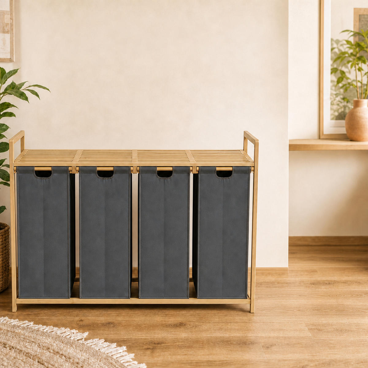 WÄSCHESAMMLER Natur-Grau 4er-Set 1-Ablage Bambus - Multicolor, Holz/Textil (103/77/41.5cm) - Relaxdays