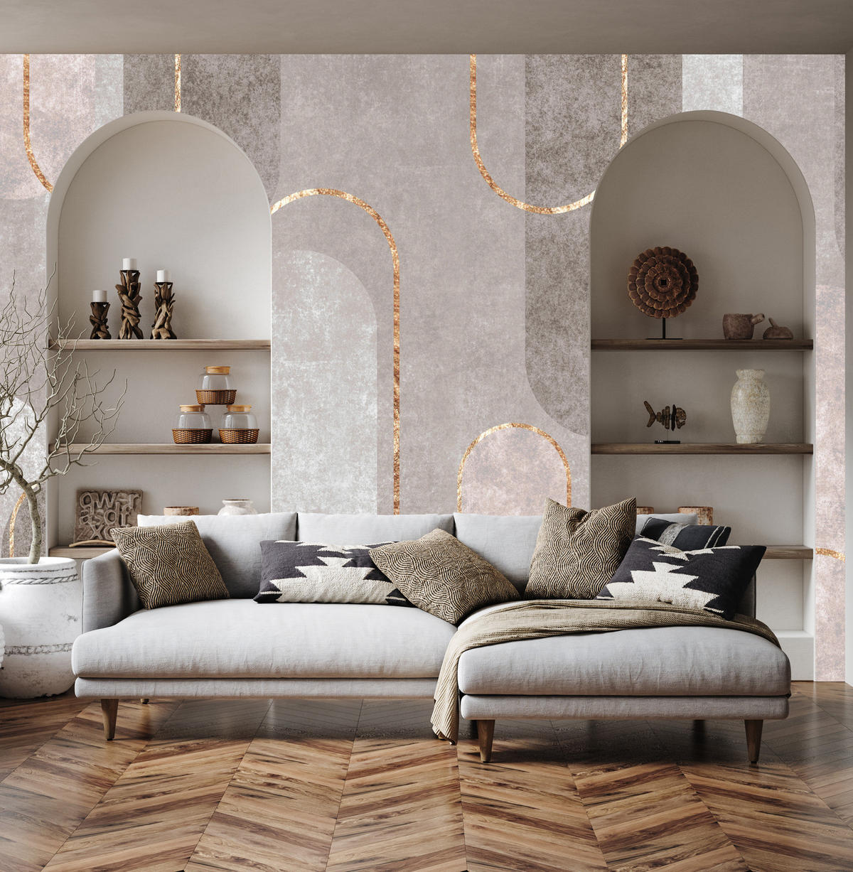 FOTOTAPETE Abstraktion Geometrische Muster Für Wohnzimmer 135x90cm - Beige/Weiß, Papier (135/90cm) - Muralo