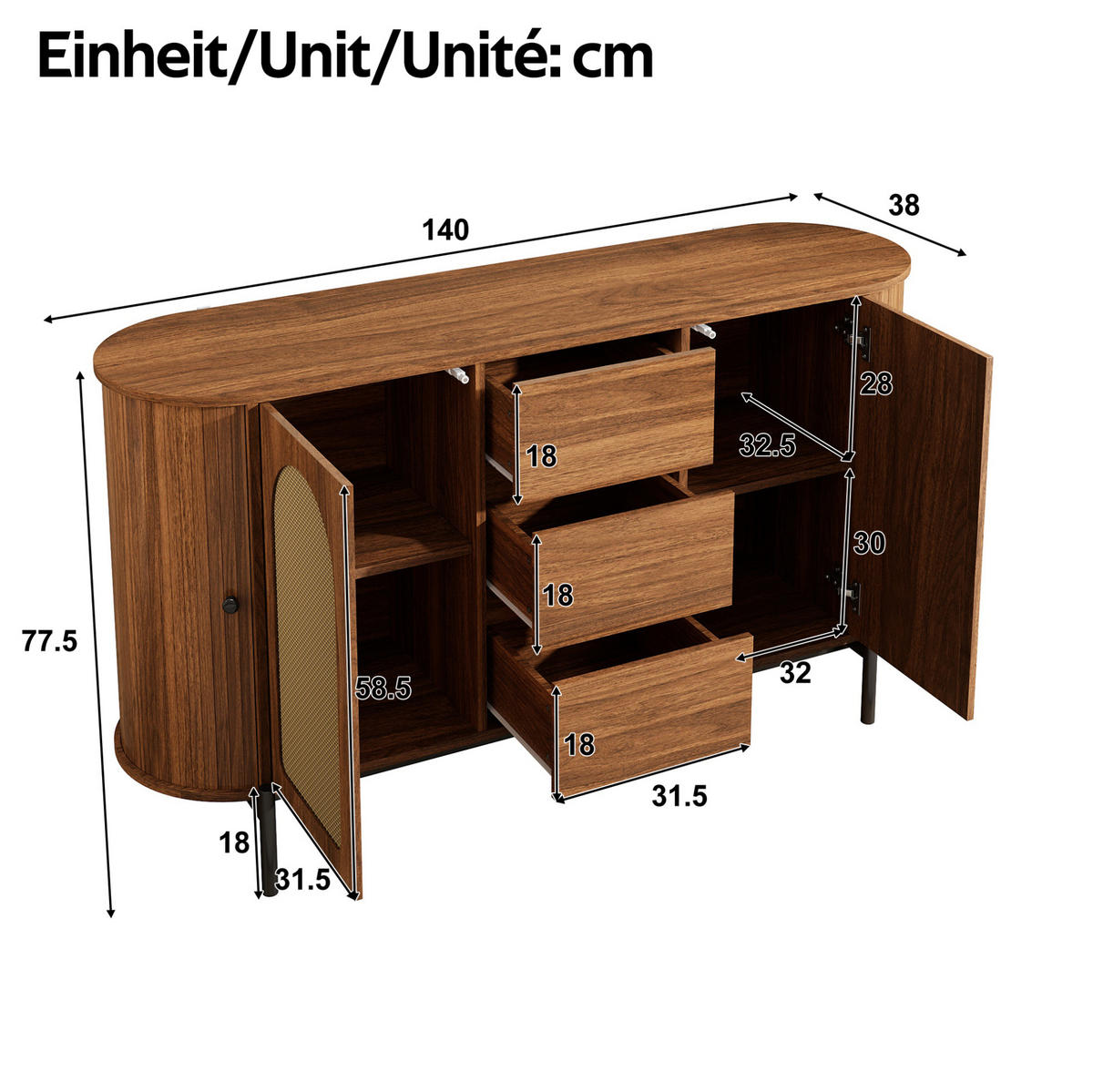 SIDEBOARD 140/38/77,5 cm Nussbaum aus MDF mit Rattan-Türen und Schubladen - Walnussfarben, Holzwerkstoff (38/77.5/140cm) - OKWISH