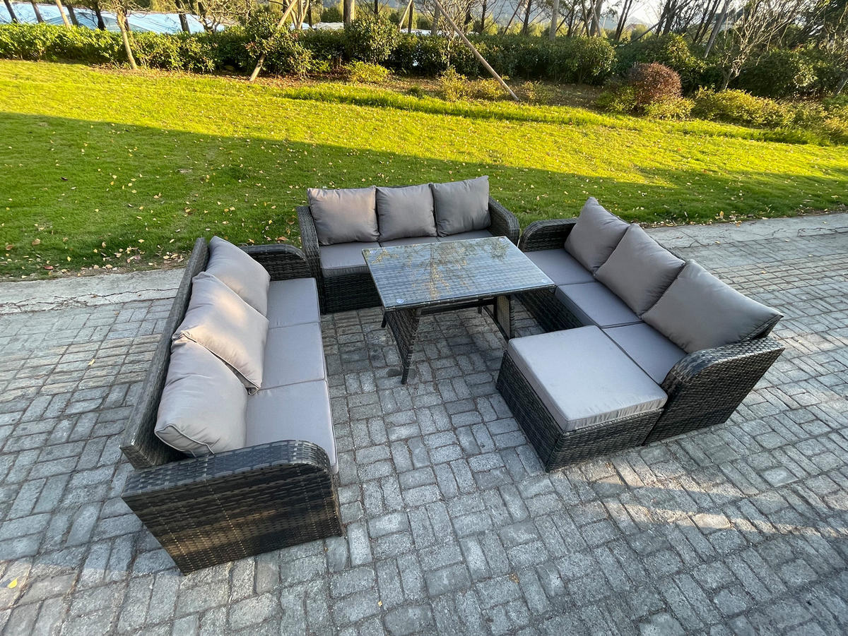GARTENMÖBELSET mit ESSTISCH, 3-SITZER SOFA Polyrattan 10-Sitzer - Dunkelgrau/Grau, Glas/Kunststoff - Fimous