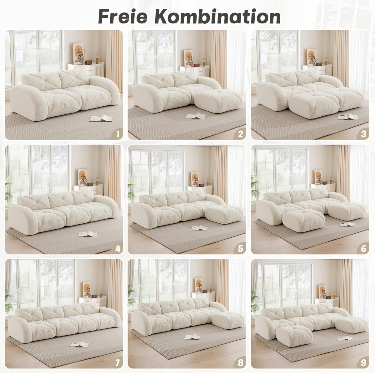 SOFA 204/171/76 cm in Hellbeige aus Chenille, rahmenlos und komfortabel - Beige, Textil (171/76/204cm) - Flora Grace
