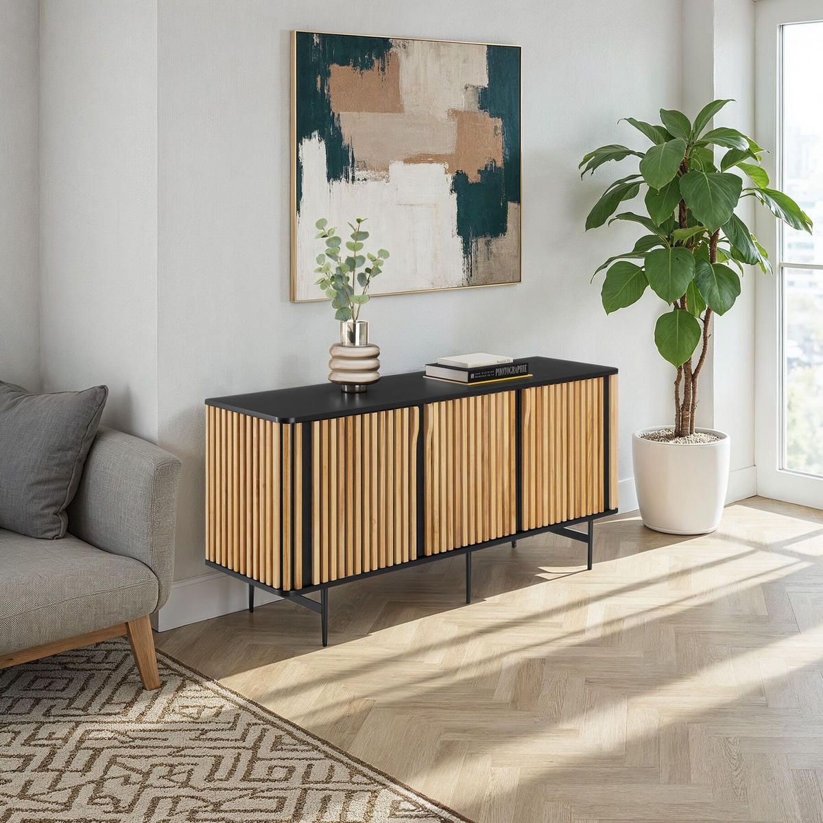 SIDEBOARD Lineo,156 x 45,5 x 74 cm, höhenverstellbare Füße,schwarz/braun - Schwarz/Braun, Holz (156/74/45.5cm) - tectake