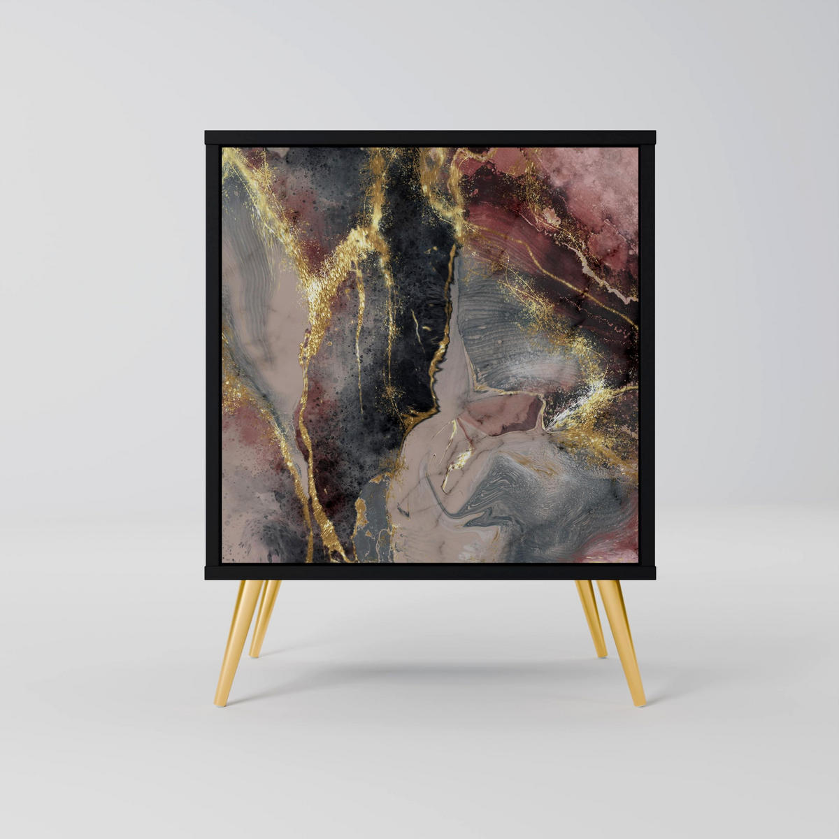 SIDEBOARD GOLDEN TIDES, Schwarz, 57,5x42x75,5 cm, Goldfarbene Metallfüße - Goldfarben/Multicolor, Holzwerkstoff/Metall (57.5/75.5/42cm) - SpaceRebels