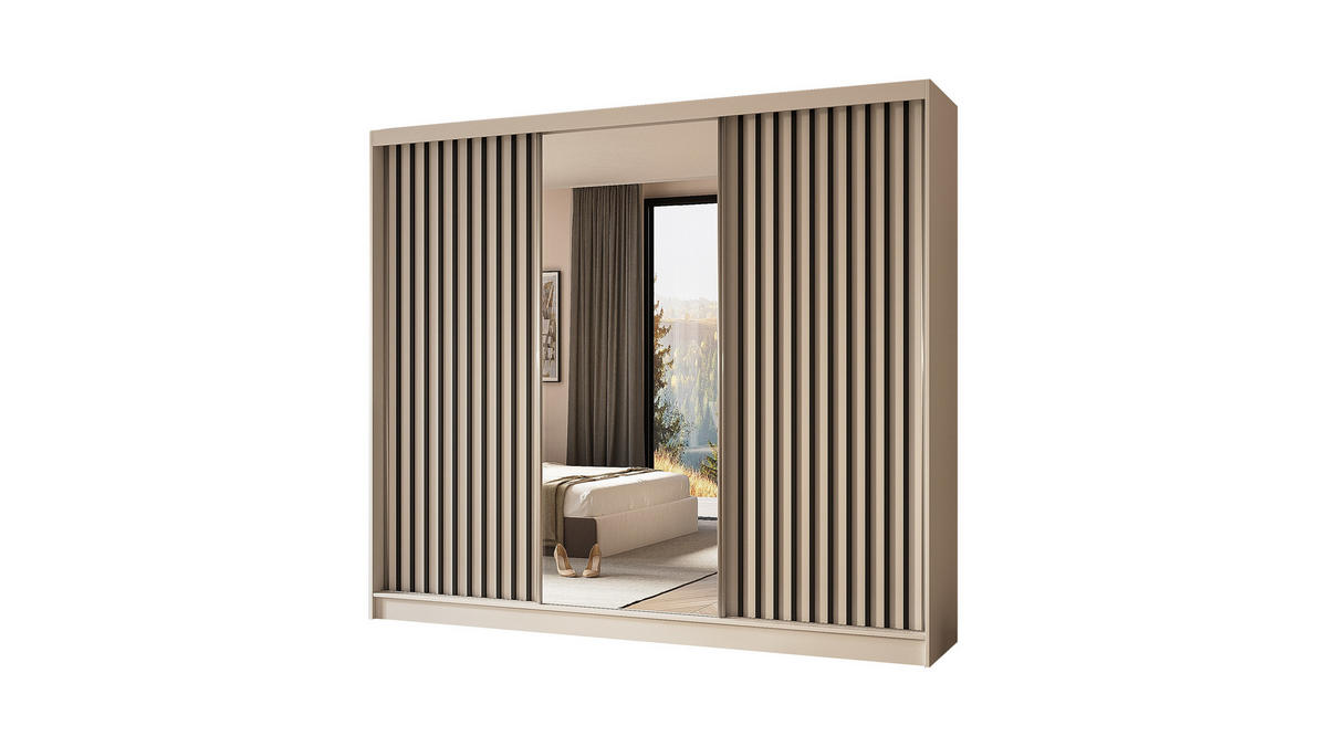 KLEIDERSCHRANK mit Spiegel-Schiebetüren und Aluminium-Leisten - LAMELO - 240 cm Weiß+Weiß+Schwarz - Schwarz/Weiß, Holzwerkstoff (240/216/61cm) - ALTDECOR
