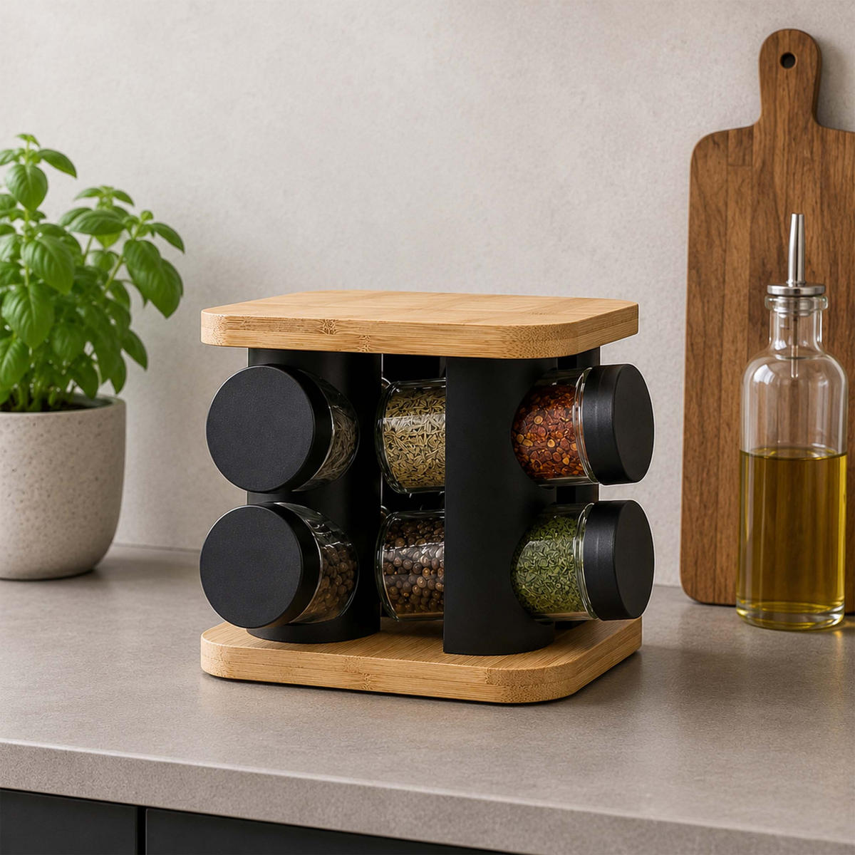 GEWÜRZKARUSSELL Natur Schwarz Transparent 16er-Set drehbar 28 cm - Multicolor, Glas/Holz (18.5/28/18.5cm) - Relaxdays