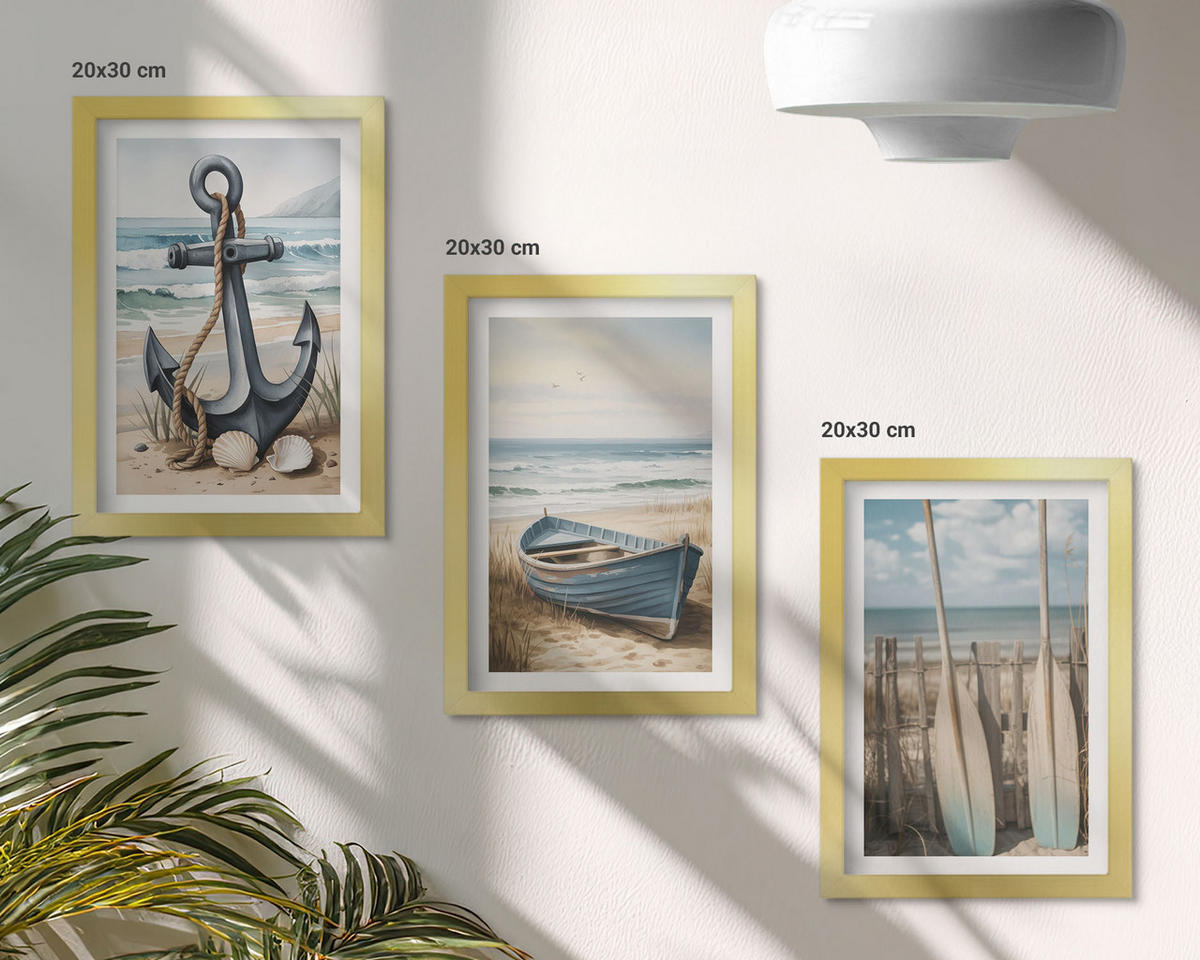 WANDBILDER 3er Set - 20x30 cm Goldrahmen - Anker, Boot, Ruder, Strand - Goldfarben, Kunststoff (20/30cm) - ArtPrintCave