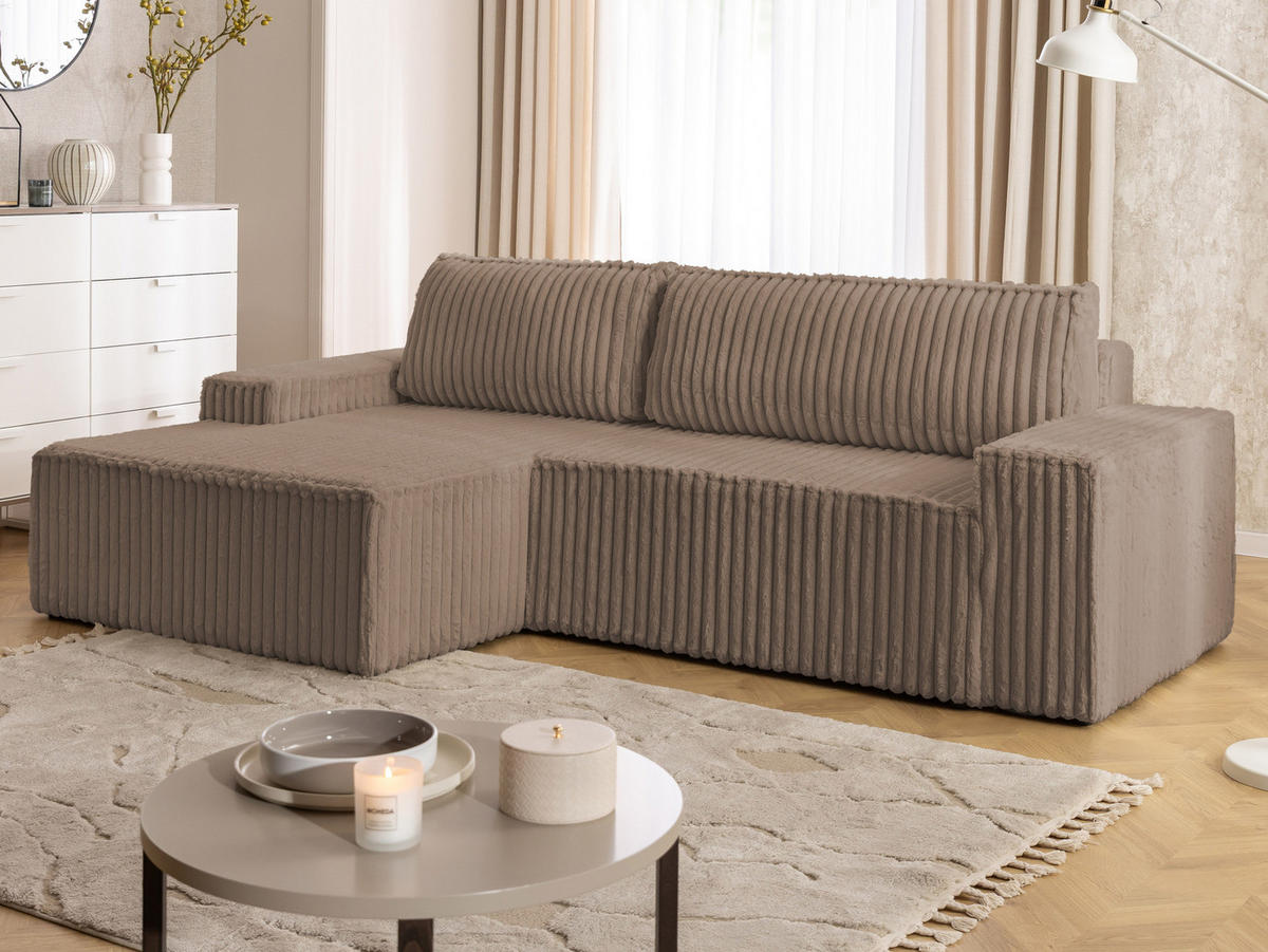 ECKSOFA Rivio mit Schlaffunktion und Bettkasten, Plüschcord Braun - Schwarz/Braun, Holz/Kunststoff (149/262cm) - S-Style