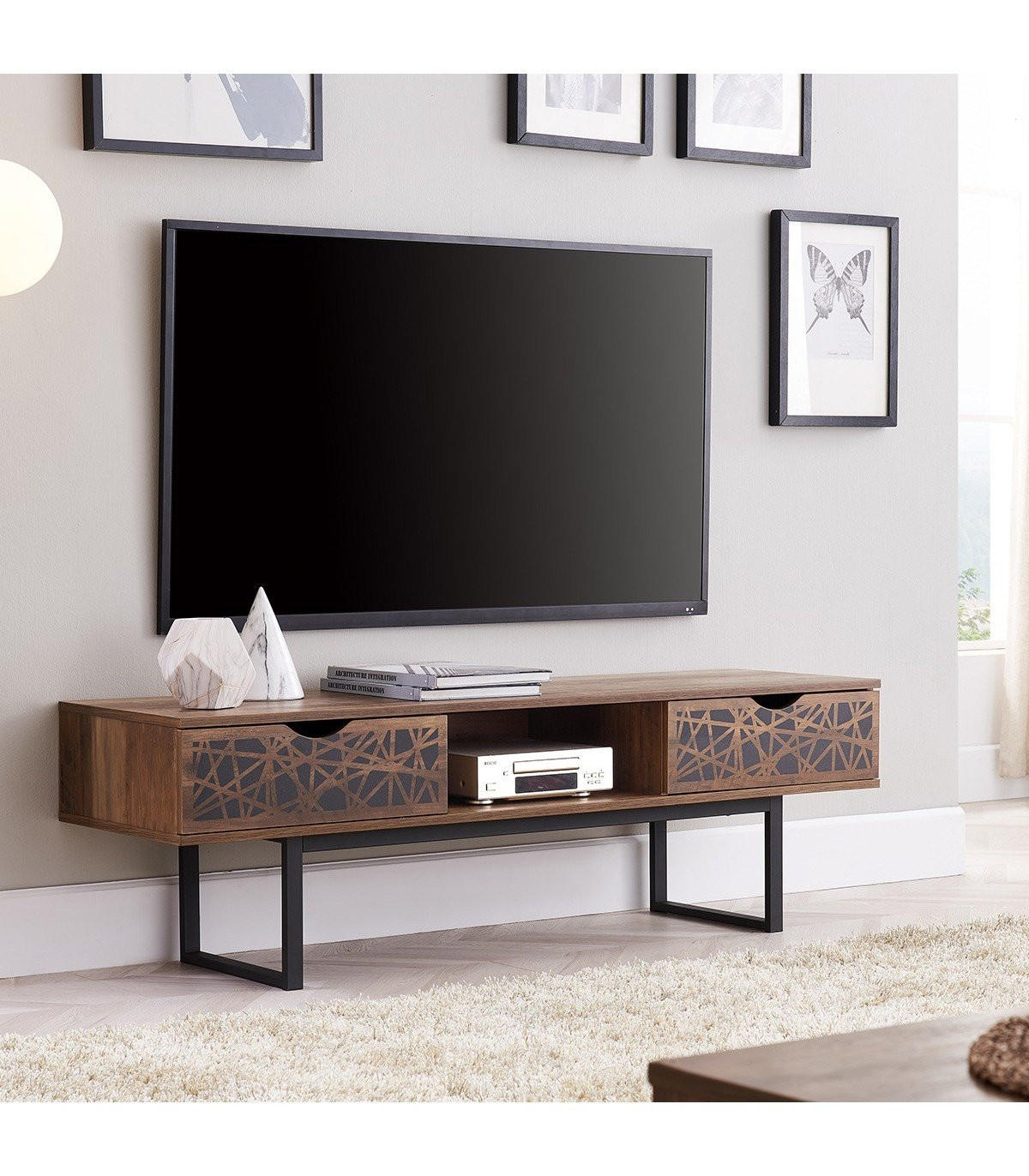 TV-MÖBEL mit 2 Schubladen und Ablage im Holzdekor L140 cm - Anaëlle - Nussbaumfarben, Holzwerkstoff (39/43/140cm) - Calicosy