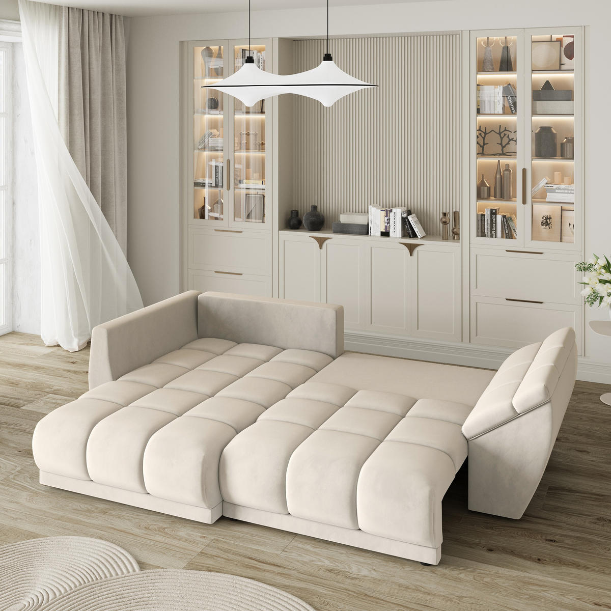 ECKSOFA ORENTI L-S Creme Velours-Stoff mit Schlaffunktion - Creme, Holz (287/182cm) - MASSENO