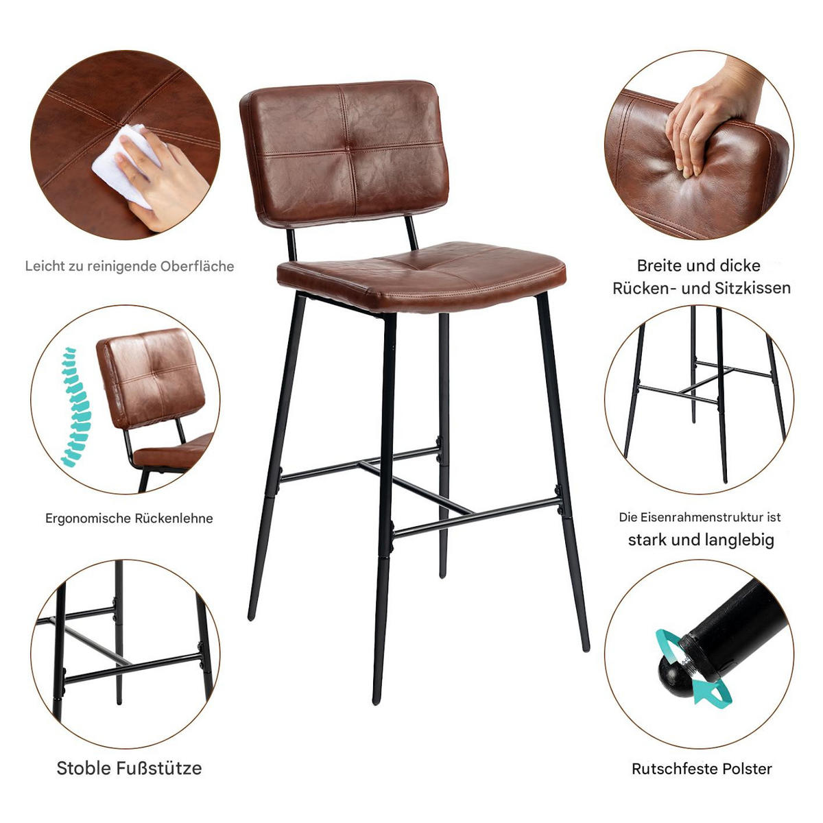 BARHOCKER-SET 4 Stück in Eisen Kunstleder - Braun, Metall (46.5/104/53cm) - Meubles Cosy