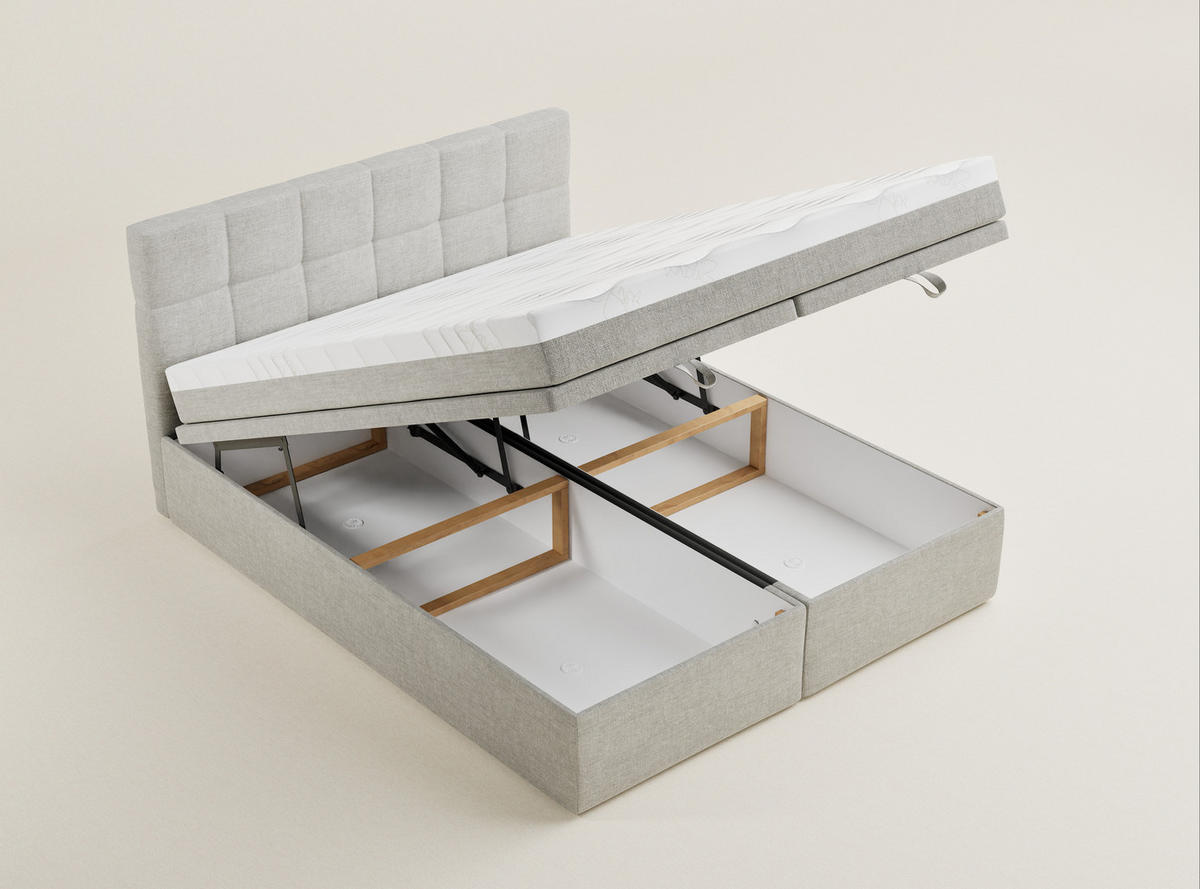 BOXBETT 160/200 cm Gotu S, in Hellgrau, Matratze, gepolstertes Kopfteil, Bettkasten, H3 = fest - Hellgrau/Schwarz, Holz/Holzwerkstoff (160/200cm) - Maison de Reve