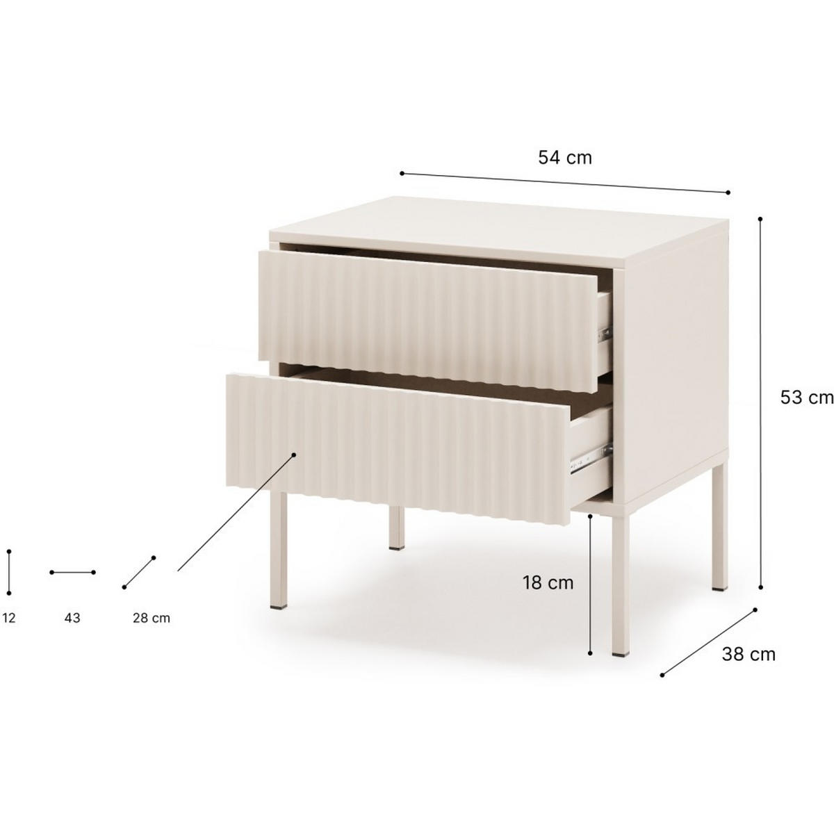 NACHTTISCH Noto mit 2 Schubladen und geriffelten Fronten, 54 cm - Kaschmir, Holzwerkstoff (54/38/53cm) - Beautysofa
