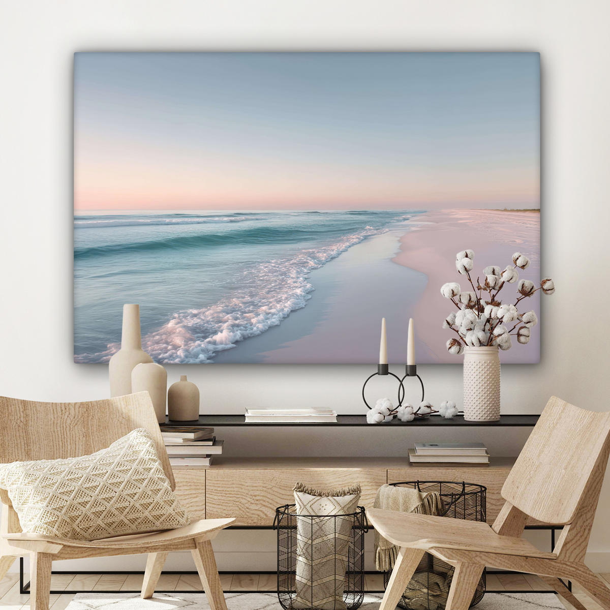 LEINWANDBILD Küstenlinie - Pastell - Wasser Wohnzimmer Groß 120x80 cm - Pastellblau, Textil (120/80cm) - MuchoWow