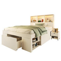 FUNKTIONSBETT 90/200 cm mit LED-Beleuchtung, USB-C, Stauraum und beweglichem Nachttisch aus Holz, Weiß - Weiß, Holzwerkstoff (90/200cm) - Redom