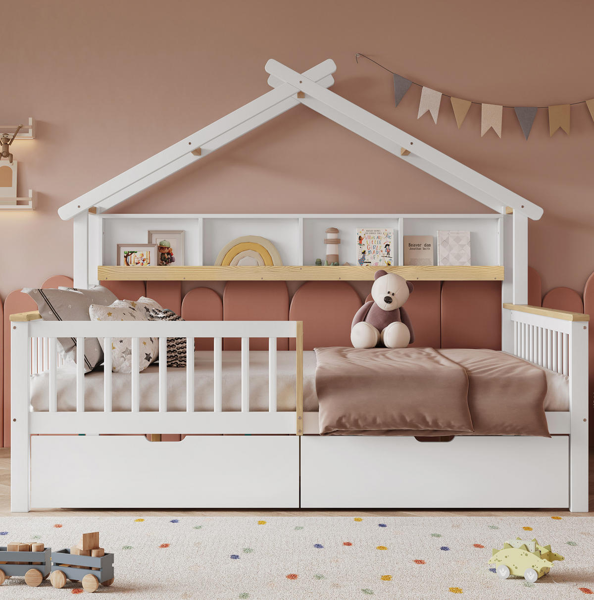 KINDERBETT 140/200 cm Weiß/Natur mit Dach, Fallschutz und 2 Schubladen - Weiß, Holz (140/200cm) - MIVRAY
