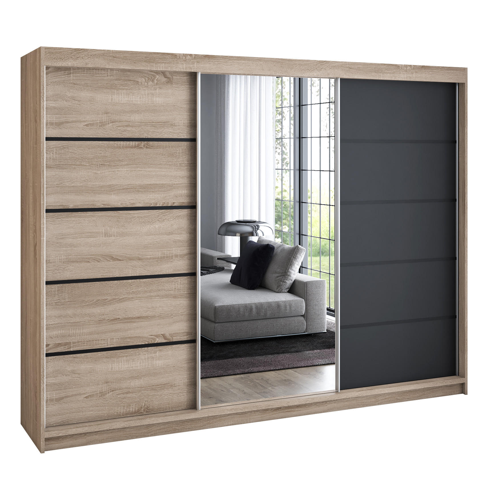SCHWEBETÜRENSCHRANK 200 cm VILANO 2 Farbe: Sonoma, Sonoma, Schwarz - Schwarz/Braun, Holzwerkstoff (200/215/59.5cm) - A&J MöbelLand